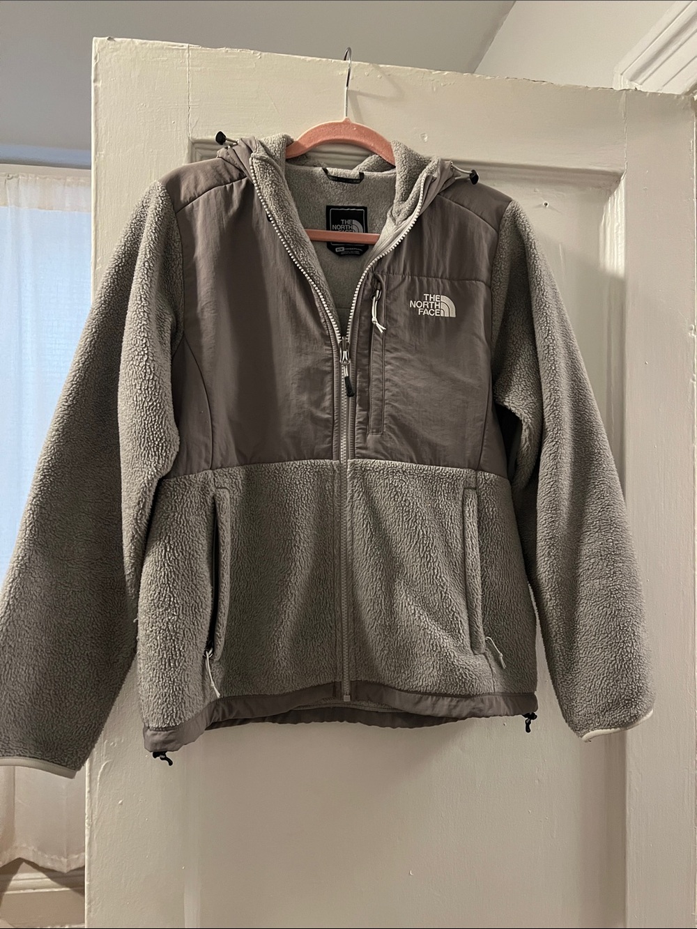 The North Face Light Gray Hooded Sherpa Fleece Jacket with Chest Panels